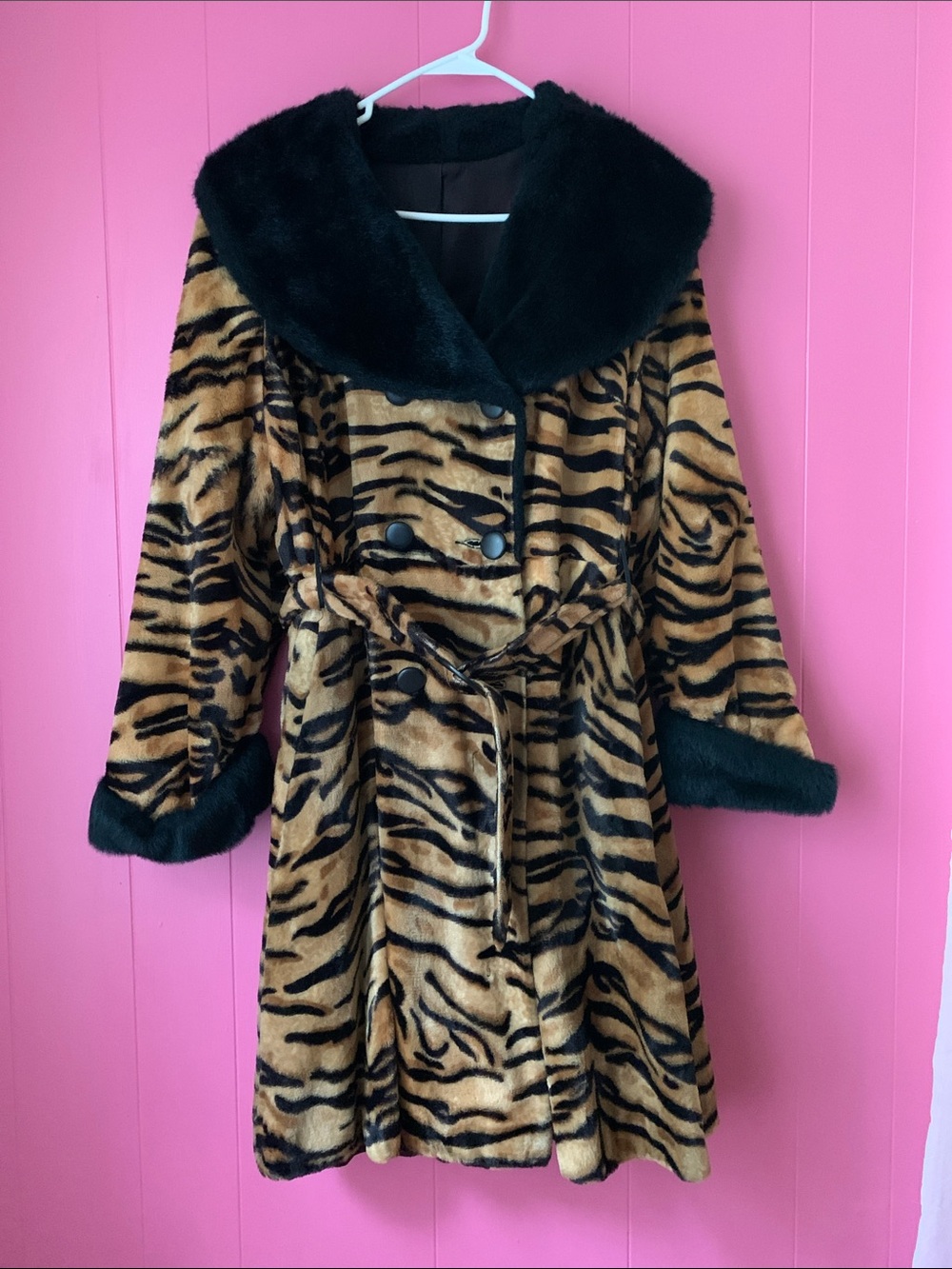 Vintage Faux Fur Tiger-Print Trench Coat with Black Faux Fur Trim 1950s